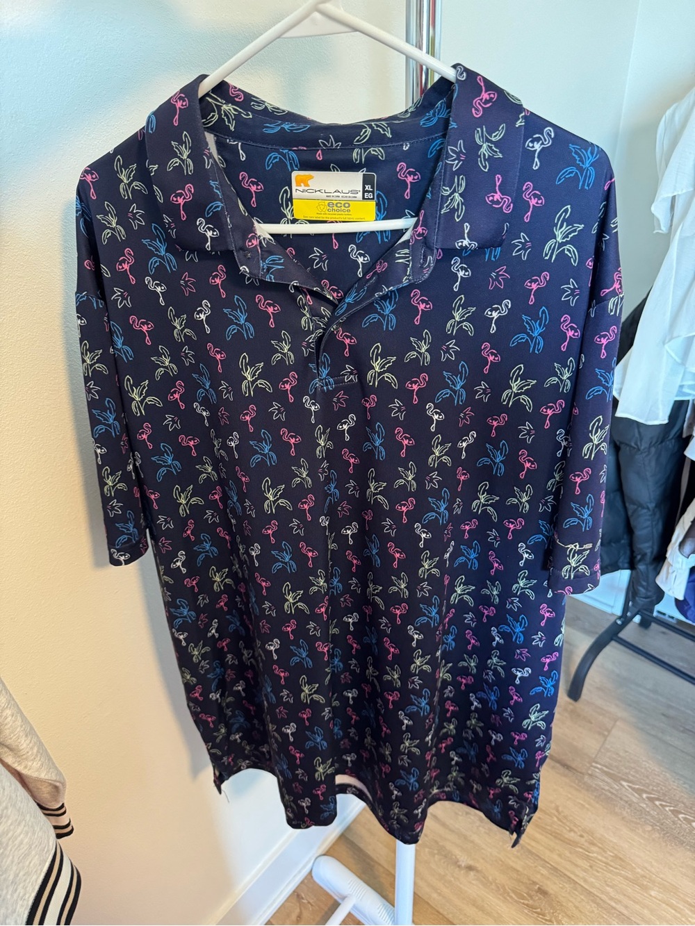 Navy Blue Jack Nicklaus golf polo shirt flamingo & palm tree print Mens size XL